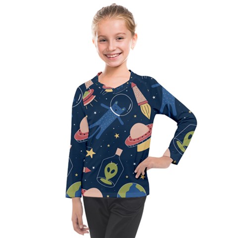 Seamless-pattern-with-funny-aliens-cat-galaxy Kids  Long Mesh Tee by Salman4z