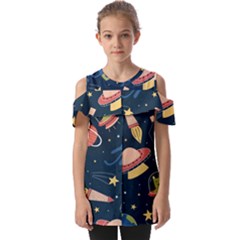 Seamless-pattern-with-funny-aliens-cat-galaxy Fold Over Open Sleeve Top by Salman4z