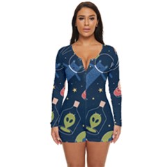 Seamless-pattern-with-funny-aliens-cat-galaxy Long Sleeve Boyleg Swimsuit by Salman4z