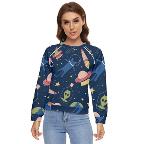 Seamless-pattern-with-funny-aliens-cat-galaxy Women s Long Sleeve Raglan Tee by Salman4z