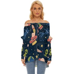 Seamless-pattern-with-funny-aliens-cat-galaxy Off Shoulder Chiffon Pocket Shirt by Salman4z