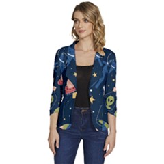 Seamless-pattern-with-funny-aliens-cat-galaxy Women s One-button 3/4 Sleeve Short Jacket by Salman4z