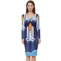 Spaceship-milkyway-galaxy Long Sleeve V-neck Bodycon Dress  by Salman4z