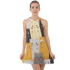 Seamless-pattern-cute-cat-cartoons Halter Tie Back Chiffon Dress by Salman4z