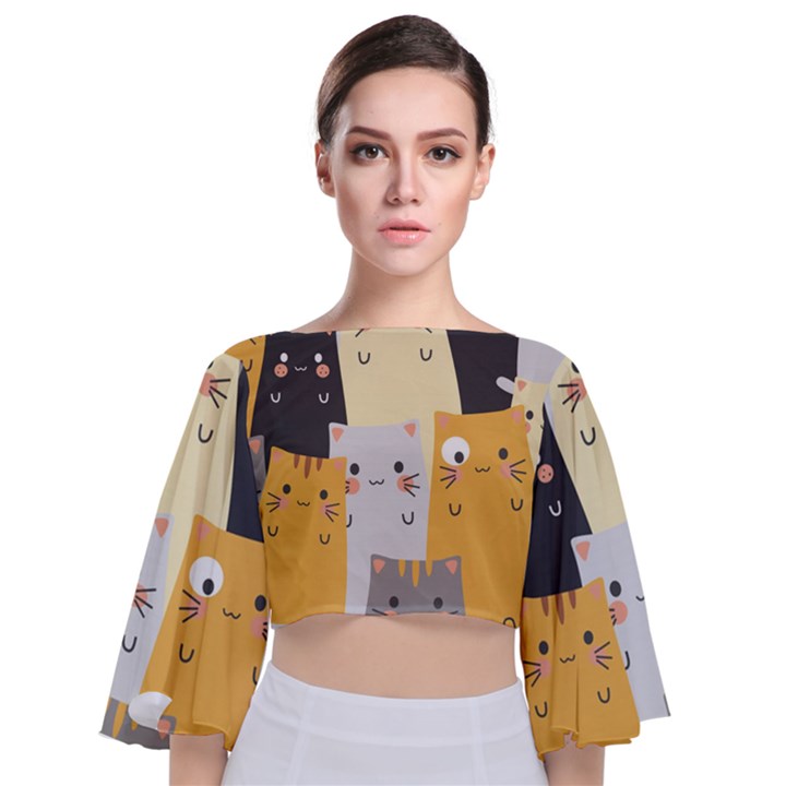 Seamless-pattern-cute-cat-cartoons Tie Back Butterfly Sleeve Chiffon Top