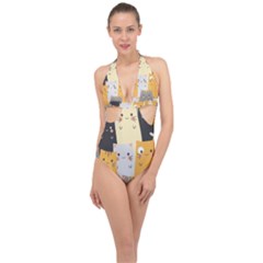 Seamless-pattern-cute-cat-cartoons Halter Front Plunge Swimsuit by Salman4z