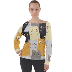 Seamless-pattern-cute-cat-cartoons Off Shoulder Long Sleeve Velour Top by Salman4z