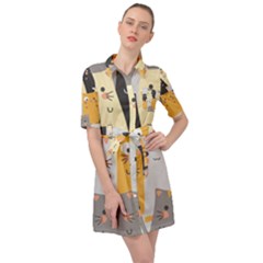 Seamless-pattern-cute-cat-cartoons Belted Shirt Dress by Salman4z