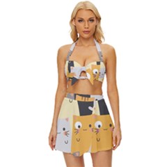 Seamless-pattern-cute-cat-cartoons Vintage Style Bikini Top And Skirt Set  by Salman4z