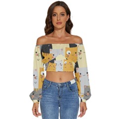 Seamless-pattern-cute-cat-cartoons Long Sleeve Crinkled Weave Crop Top by Salman4z