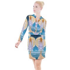 Space-exploration-illustration Button Long Sleeve Dress