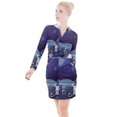 Alien-astronaut-scene Button Long Sleeve Dress by Salman4z