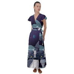 Alien-astronaut-scene Flutter Sleeve Maxi Dress by Salman4z