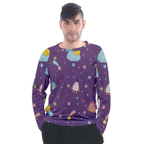 Space-travels-seamless-pattern-vector-cartoon Men s Long Sleeve Raglan Tee by Salman4z