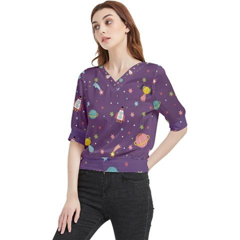 Space-travels-seamless-pattern-vector-cartoon Quarter Sleeve Blouse by Salman4z