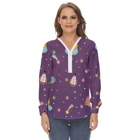 Space-travels-seamless-pattern-vector-cartoon Zip Up Long Sleeve Blouse by Salman4z