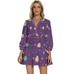 Space-travels-seamless-pattern-vector-cartoon V-neck Placket Mini Dress by Salman4z