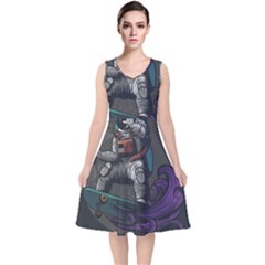 Illustration-astronaut-cosmonaut-paying-skateboard-sport-space-with-astronaut-suit V-neck Midi Sleeveless Dress  by Salman4z