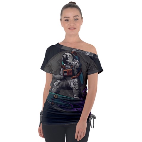 Illustration-astronaut-cosmonaut-paying-skateboard-sport-space-with-astronaut-suit Off Shoulder Tie-up Tee by Salman4z