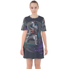 Illustration-astronaut-cosmonaut-paying-skateboard-sport-space-with-astronaut-suit Sixties Short Sleeve Mini Dress by Salman4z