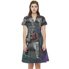 Illustration-astronaut-cosmonaut-paying-skateboard-sport-space-with-astronaut-suit Short Sleeve Waist Detail Dress by Salman4z