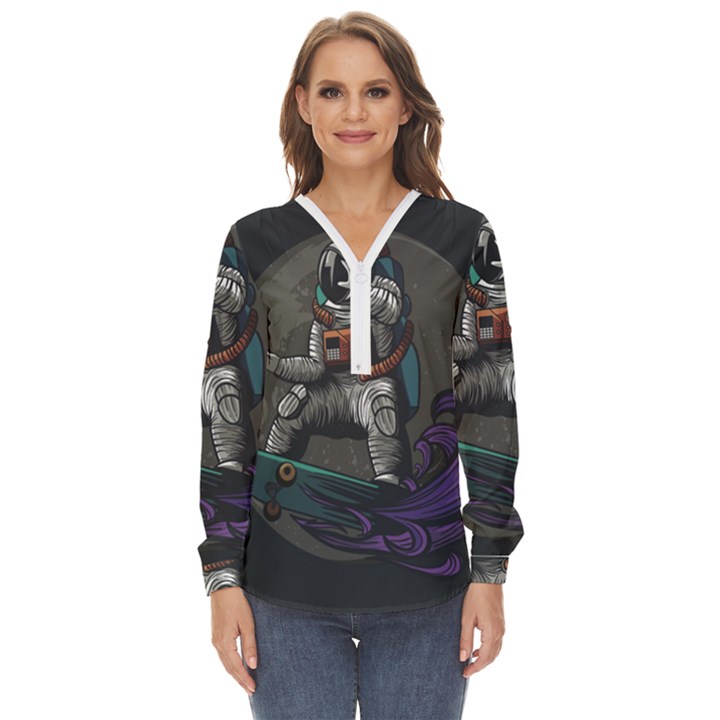 Illustration-astronaut-cosmonaut-paying-skateboard-sport-space-with-astronaut-suit Zip Up Long Sleeve Blouse