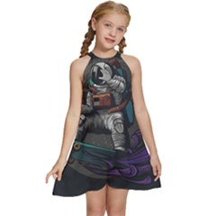 Illustration-astronaut-cosmonaut-paying-skateboard-sport-space-with-astronaut-suit Kids  Halter Collar Waist Tie Chiffon Dress by Salman4z