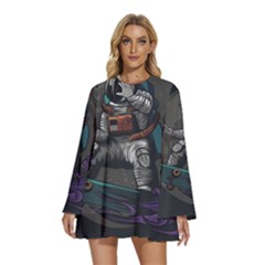 Illustration-astronaut-cosmonaut-paying-skateboard-sport-space-with-astronaut-suit Round Neck Long Sleeve Bohemian Style Chiffon Mini Dress by Salman4z