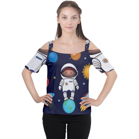 Boy-spaceman-space-rocket-ufo-planets-stars Cutout Shoulder Tee by Salman4z