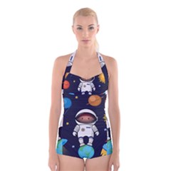 Boy-spaceman-space-rocket-ufo-planets-stars Boyleg Halter Swimsuit  by Salman4z