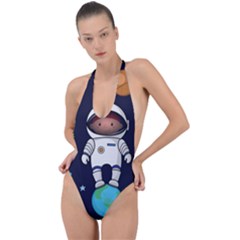 Boy-spaceman-space-rocket-ufo-planets-stars Backless Halter One Piece Swimsuit by Salman4z