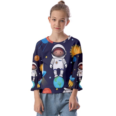 Boy-spaceman-space-rocket-ufo-planets-stars Kids  Cuff Sleeve Top by Salman4z