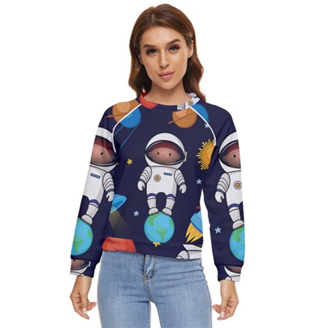 Boy-spaceman-space-rocket-ufo-planets-stars Women s Long Sleeve Raglan Tee by Salman4z