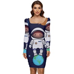 Boy-spaceman-space-rocket-ufo-planets-stars Women Long Sleeve Ruched Stretch Jersey Dress by Salman4z