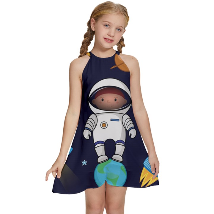 Boy-spaceman-space-rocket-ufo-planets-stars Kids  Halter Collar Waist Tie Chiffon Dress