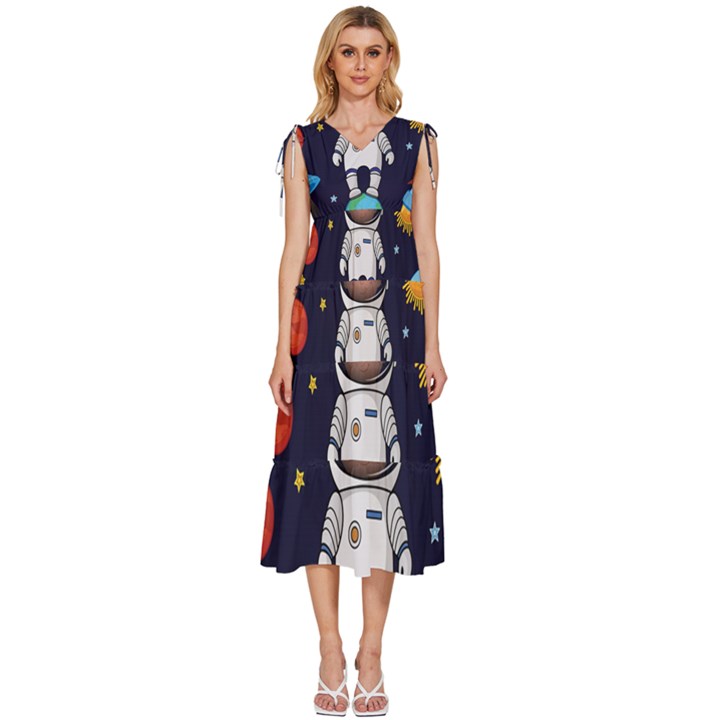 Boy-spaceman-space-rocket-ufo-planets-stars V-Neck Drawstring Shoulder Sleeveless Maxi Dress