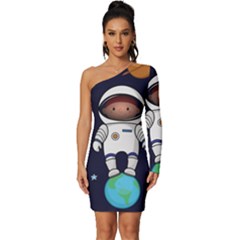 Boy-spaceman-space-rocket-ufo-planets-stars Long Sleeve One Shoulder Mini Dress by Salman4z