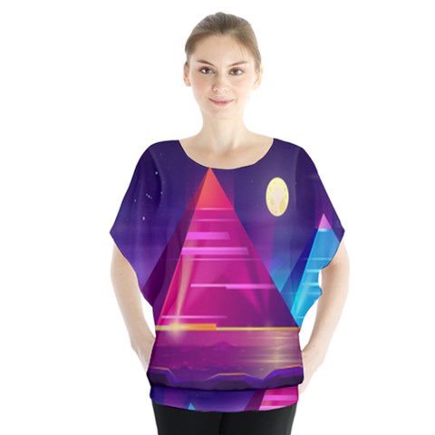 Egyptian-pyramids-night-landscape-cartoon Batwing Chiffon Blouse by Salman4z