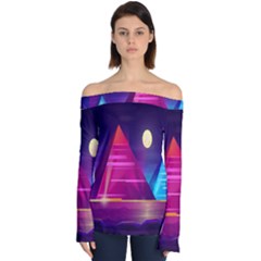 Egyptian-pyramids-night-landscape-cartoon Off Shoulder Long Sleeve Top by Salman4z