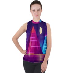 Egyptian-pyramids-night-landscape-cartoon Mock Neck Chiffon Sleeveless Top by Salman4z