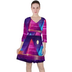 Egyptian-pyramids-night-landscape-cartoon Quarter Sleeve Ruffle Waist Dress by Salman4z