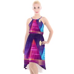 Egyptian-pyramids-night-landscape-cartoon High-low Halter Chiffon Dress  by Salman4z