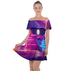 Egyptian-pyramids-night-landscape-cartoon Off Shoulder Velour Dress by Salman4z