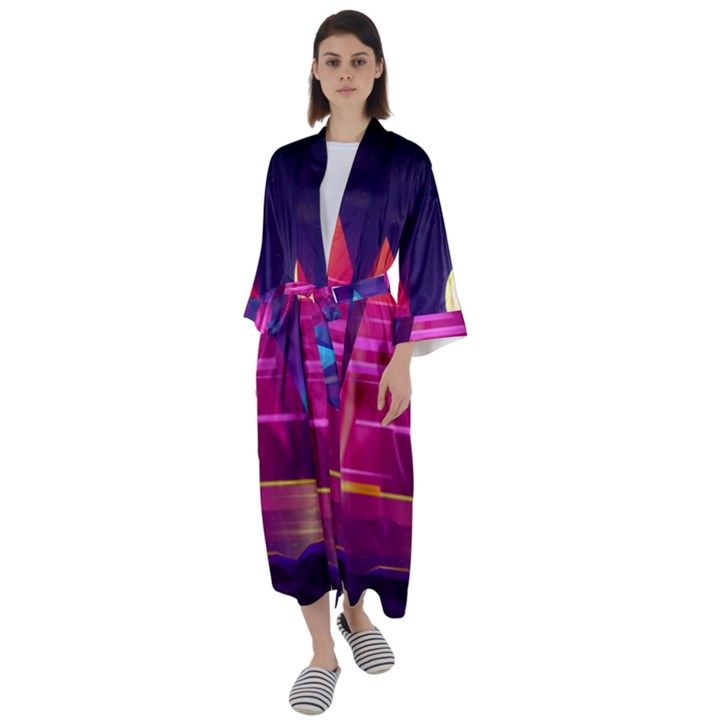 Egyptian-pyramids-night-landscape-cartoon Maxi Satin Kimono