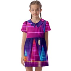 Egyptian-pyramids-night-landscape-cartoon Kids  Asymmetric Collar Dress by Salman4z