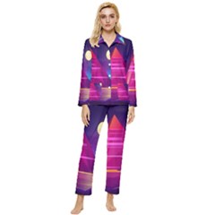 Egyptian-pyramids-night-landscape-cartoon Womens  Long Sleeve Velvet Pocket Pajamas Set by Salman4z