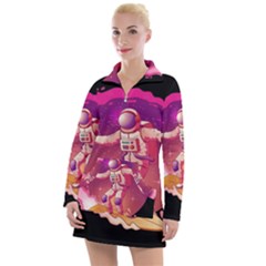 Astronaut-spacesuit-standing-surfboard-surfing-milky-way-stars Women s Long Sleeve Casual Dress by Salman4z