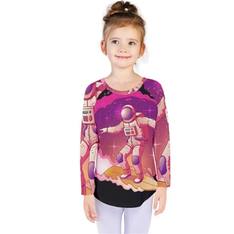 Astronaut-spacesuit-standing-surfboard-surfing-milky-way-stars Kids  Long Sleeve Tee by Salman4z