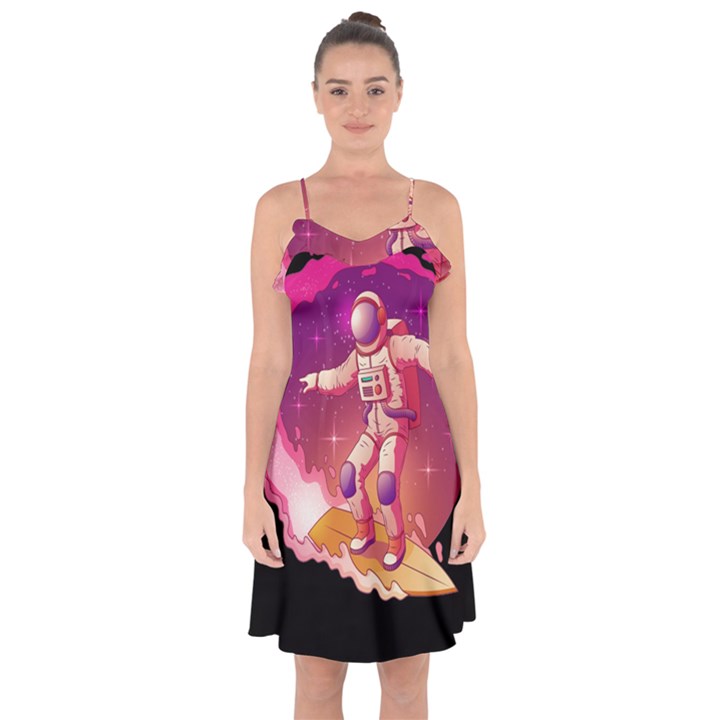 Astronaut-spacesuit-standing-surfboard-surfing-milky-way-stars Ruffle Detail Chiffon Dress