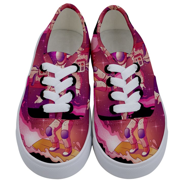 Astronaut-spacesuit-standing-surfboard-surfing-milky-way-stars Kids  Classic Low Top Sneakers